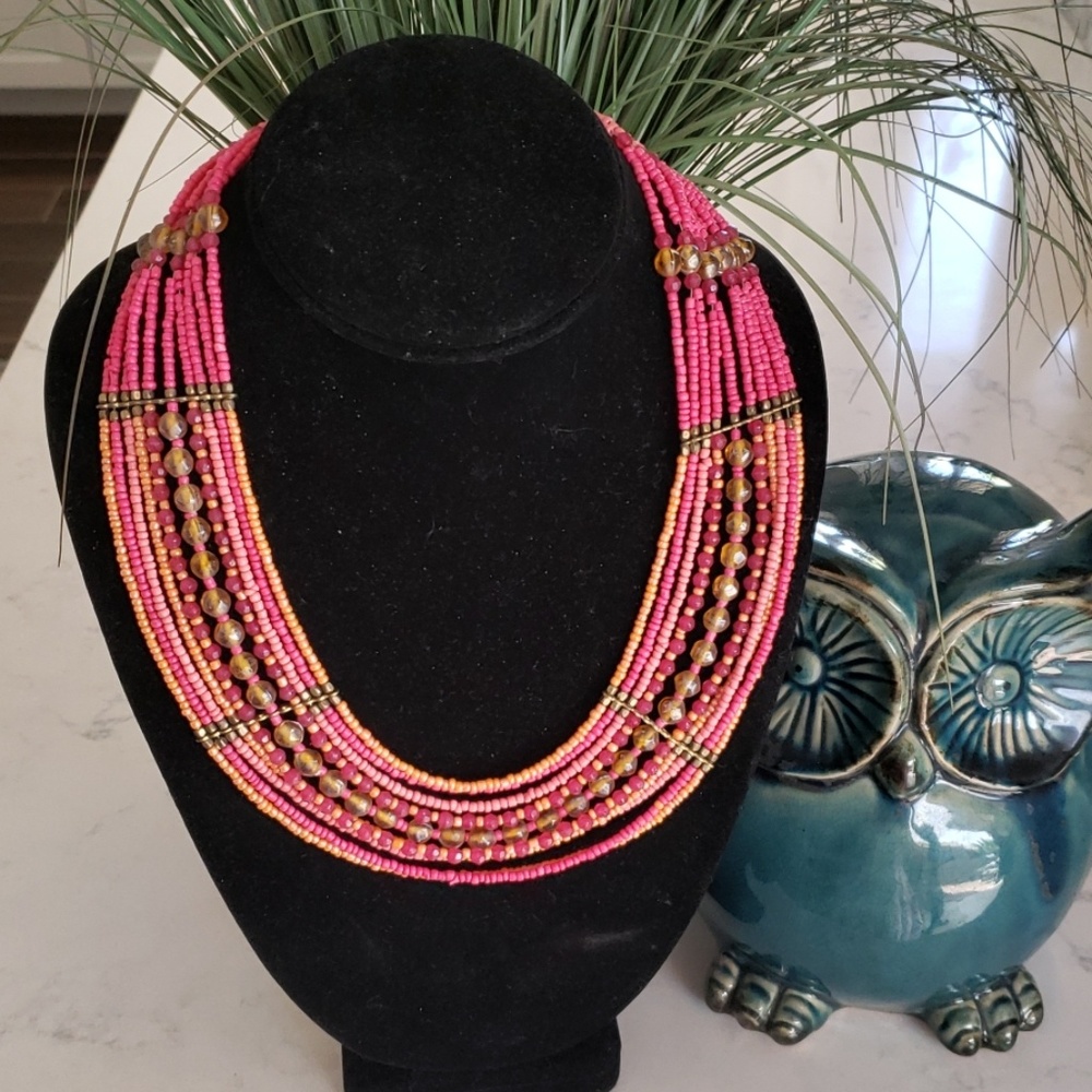 Pink And Coral Beaded Multicolor Layered Statement Necklace